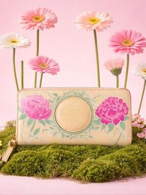 Coach Floral Zip-Around Wallet in Cream with Pink Floral Accents
